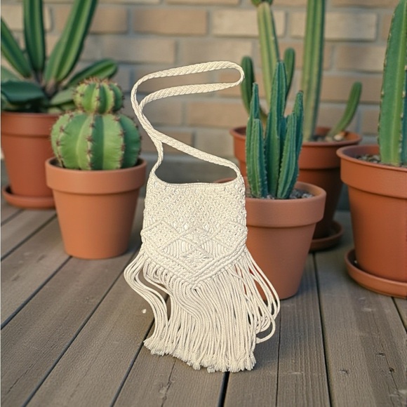 Boho Marcrame crossbody bag fringe woven festival purse natural boho hippie - Picture 4 of 4